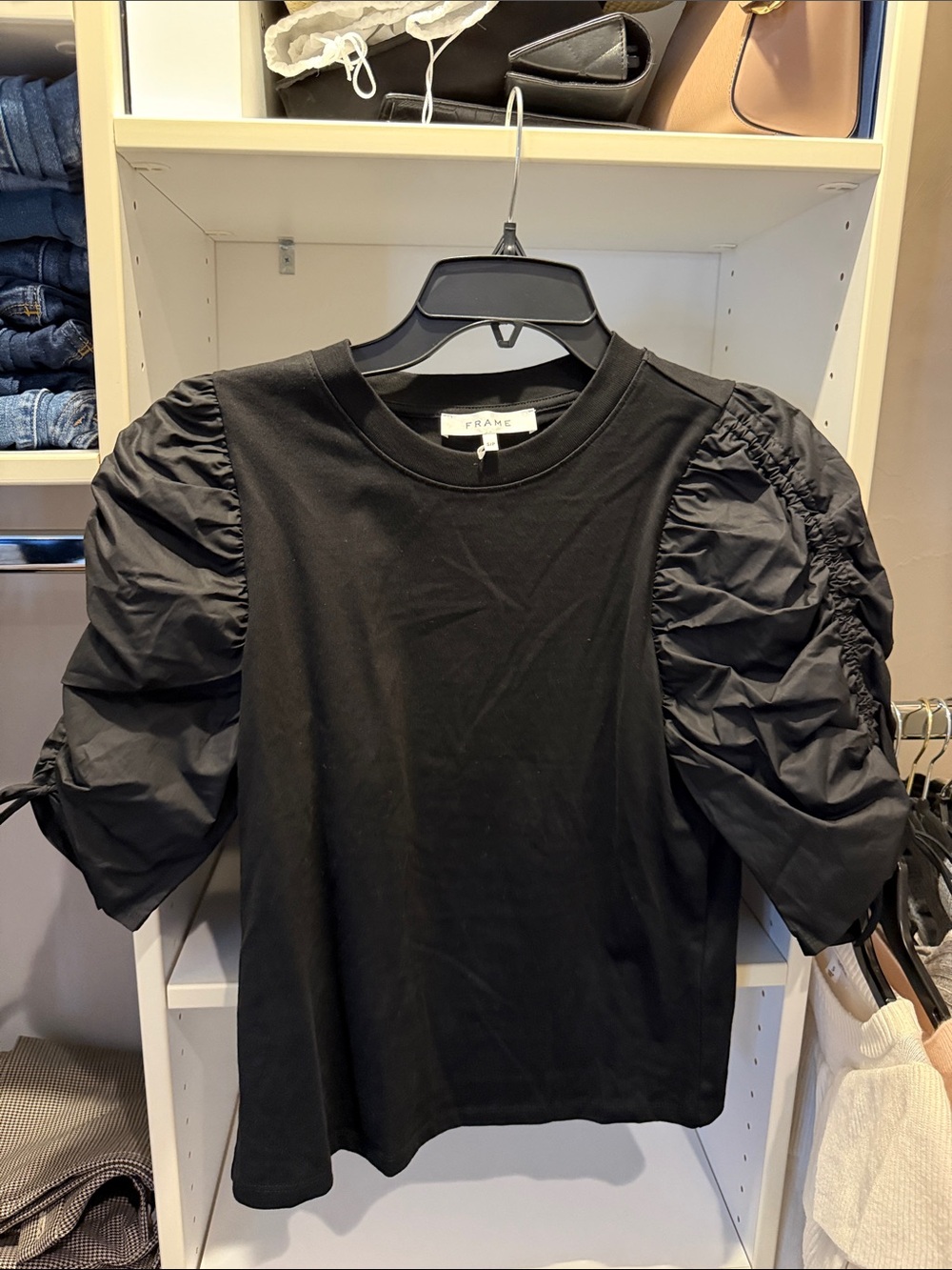 Frame Denim Black Puff-Sleeve Tee Top